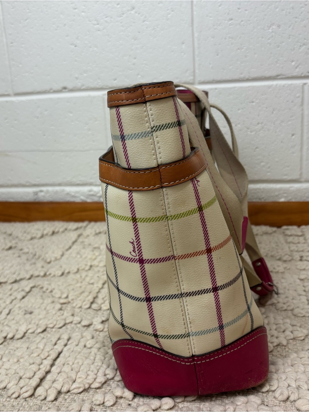 Coach Cream Plaid Canvas Tote with Pink Center Stripe and Tan Trim - Picture 3 of 14